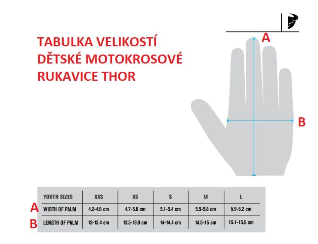 Tabulka velikostí dětských motokrosových rukavic Thor Tabulka velikostí dětských motokrosových rukavic Thor