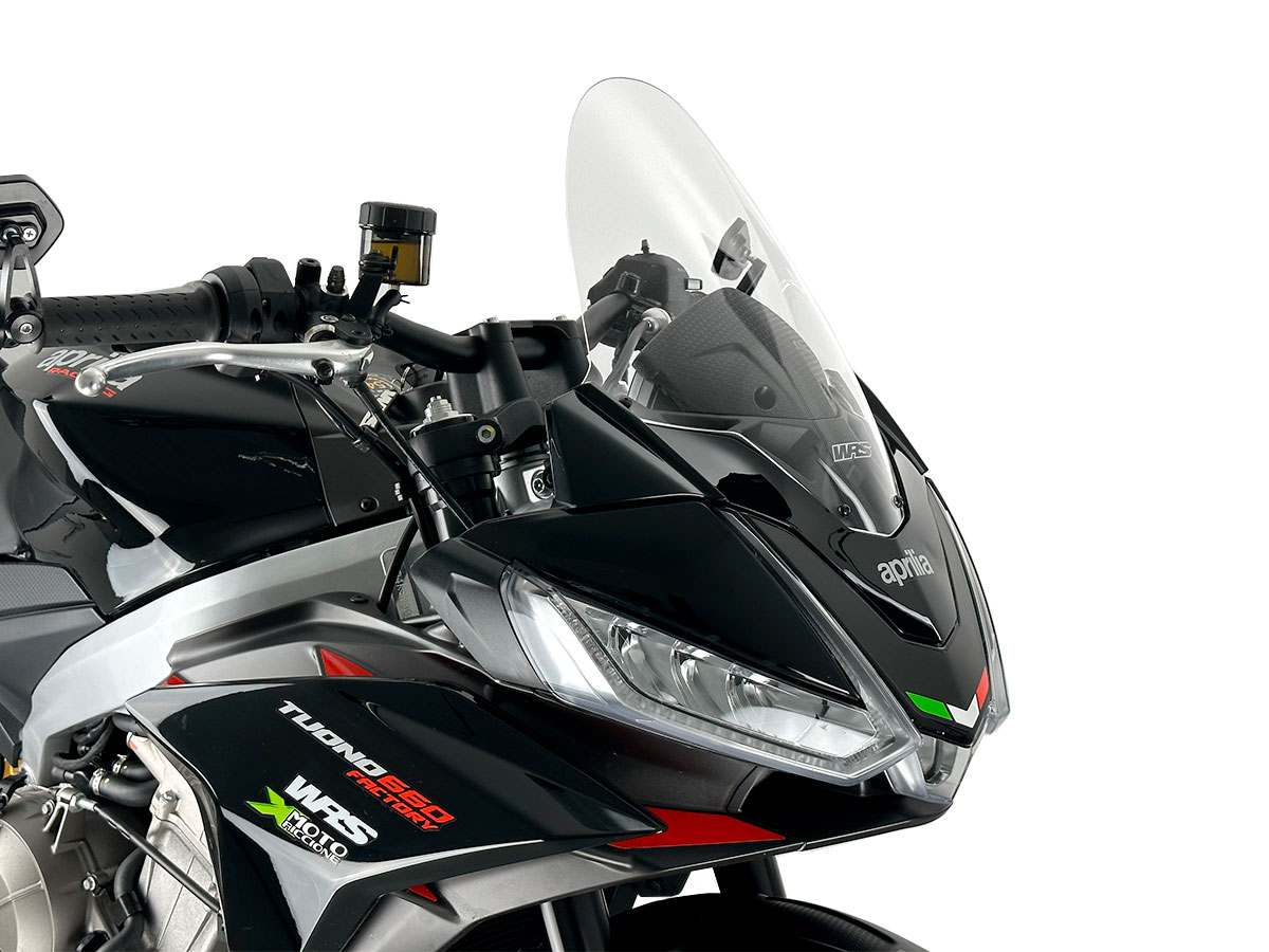 Plexi motocyklu WRS verze TOURING pro motocykly APRILIA TUONO V4 1100 RR ABS viz popis rok 2021-2024, výška 38,5 cm, šíře 34 cm, barva čirá