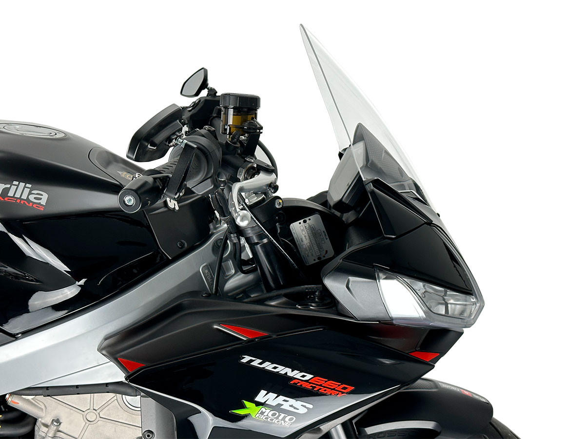 Plexi motocyklu WRS verze TOURING pro motocykly APRILIA TUONO V4 1100 RR ABS viz popis rok 2021-2024, výška 38,5 cm, šíře 34 cm, barva čirá