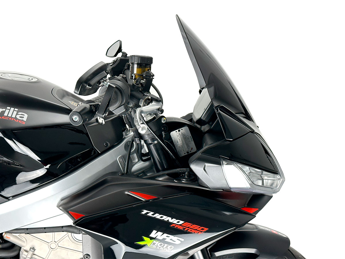 Plexi motocyklu WRS verze TOURING pro motocykly APRILIA TUONO V4 1100 RR ABS viz popis rok 2021-2023, výška 38,5 cm, šíře 34 cm, barva tmavě kouřová