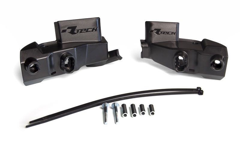 a Kryty páček RTECH HP2 pro motocykly KX 250 rok 2021-2023, barva černá, včetně montážní sady