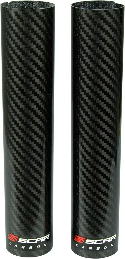 Carbonové/karbonové kryty spodní části vidlice SCAR CARBON LOWER FORK WRAPS pro motockly malé motocykly 85 ccm, rozměry 220 mm x 45 mm, pár