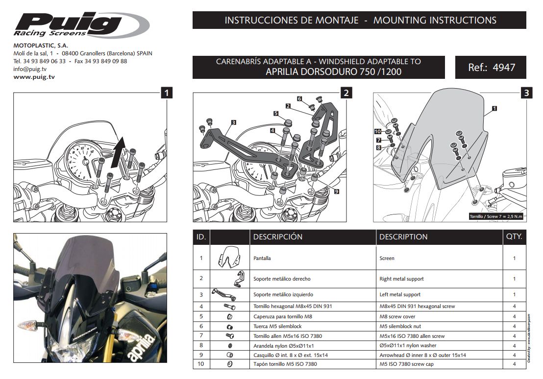 Plexi PUIG TOURING Aprilia DORSODURO APRILIA DORSODURO 750 /1200 2009-2014 KOUŘ