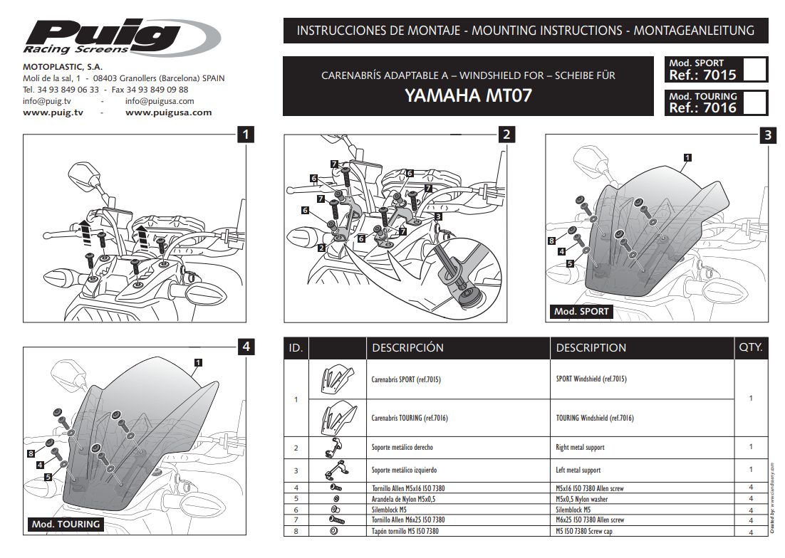 Plexi PUIG TOURING Yamaha MT-07 2014-2017 kouřové