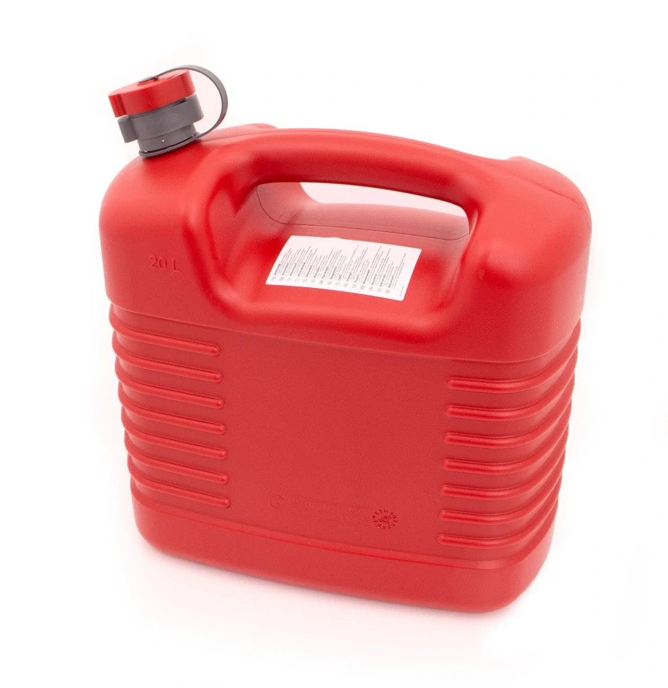 a Kanystr na benzín / odolný kanystr na benzín s flexibilní hubicí PRESSOL FUEL CAN 21137 PE obsah 20L + nalévací tribice, barva červená, rozměr 410 H x 385 L x 229 W mm