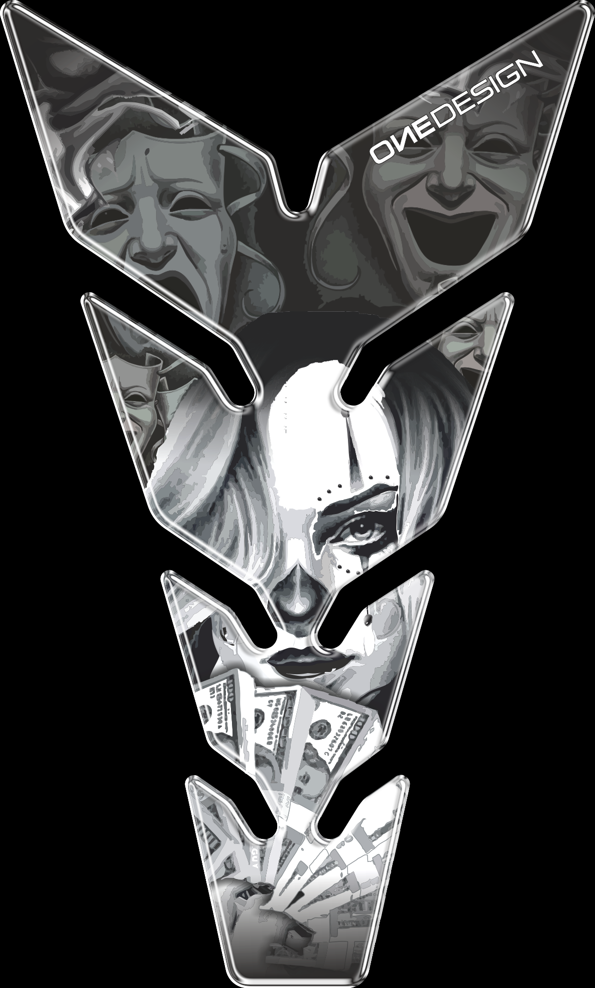 Samolepka - tank pad na nádrž motocyklu ONEDESIGN MAX POKER FACE rozměry 223 mm X 134 mm