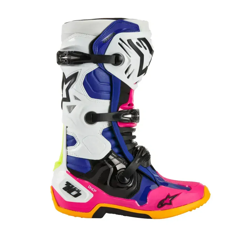 Motokrosové boty ALPINESTARS TECH 10 LIMITOVANÁ EDICE COAST bílá/tmavě modrá/růžová/žlutá fluo/oranžová/černá