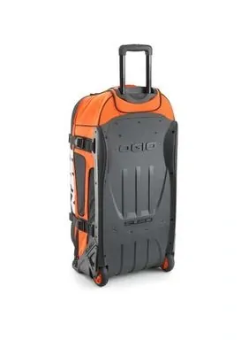 Velká textilní cestovní motokrosová taška na kolečkách s teleskopickou rukojetí  KTM REPLICA TEAM TRAVEL BAG 9800 barva černá/oranžová, objem 122 litrů