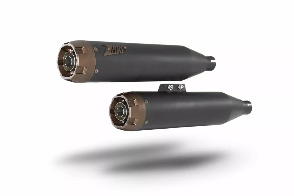 Homologované koncovky výfuku motocyklu ZARD SLIP ON MUFFLERS HOMOLOGACE E4/E5 pro motocykl HARLEY DAVIDSON LOW RIDER ST / S rok 2017-2024 , barva černá/bronzová 