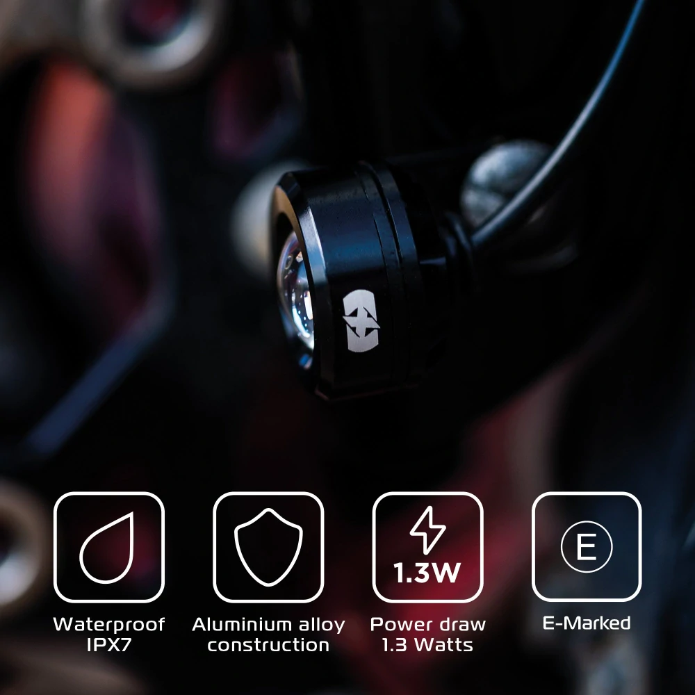 Přídavné přední světla motocyklu OXFORD RUN LIGHT EL381 provozní napětí 12V - 15V 