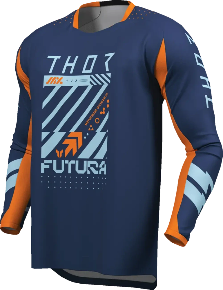 Dětský sportovní motokrosový komplet kalhot a dresu THOR LAUNCHMODE RACEWEAR FUTURA barva navy modrá/oranžová