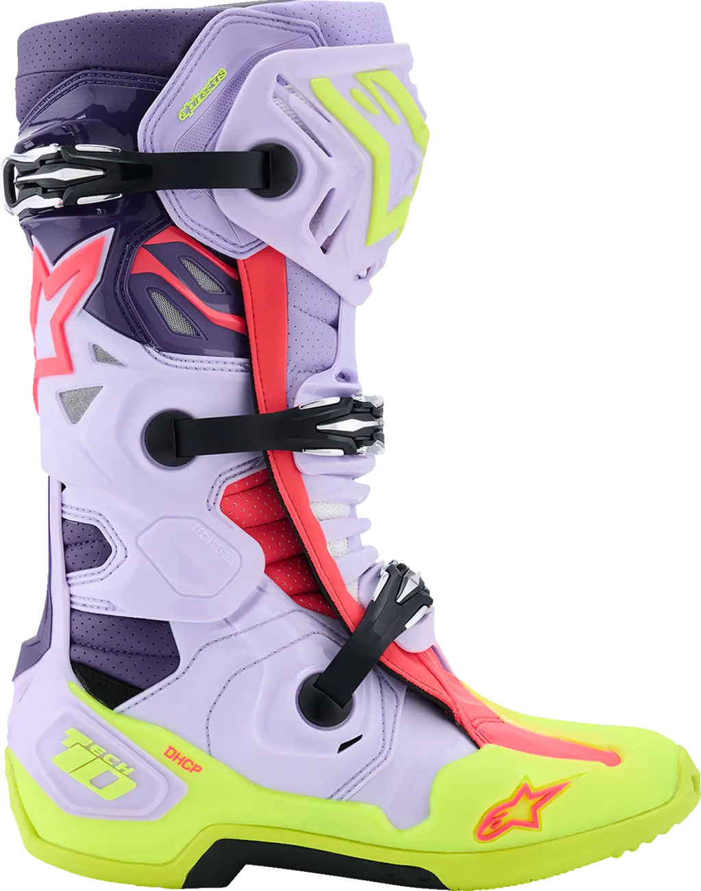 Ventilační motokrosové boty s vnitřní botičkou ALPINESTARS TECH 10 SUPERVENTED VENTILAČNÍ barva fialová/žlutá fluo/diva ružová/