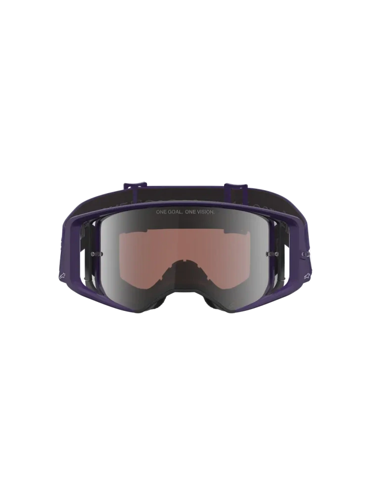 Limitovaná edice motokrosových / enduro brýlí ALPINESTARS GOGGLE SUPERTECH HUNTER LAWRENCE 5101226-3168 Signature Goggle barva fialová/bílá se stříbrným zrcadlovým plexi 