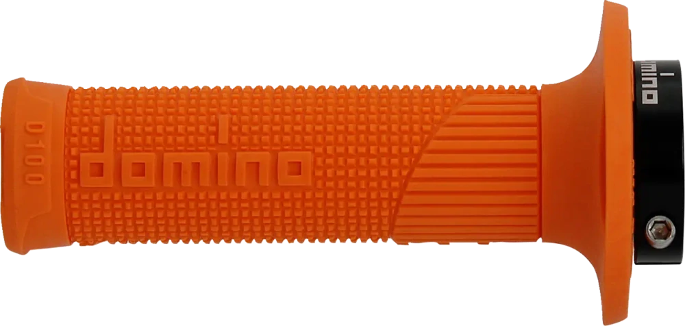 Motokrosové gripy s pevným plastem plynu DOMINO D100 SYSTÉM LOCK ON/D LOCK uzavřené konce gripů, barva oranžová, pár