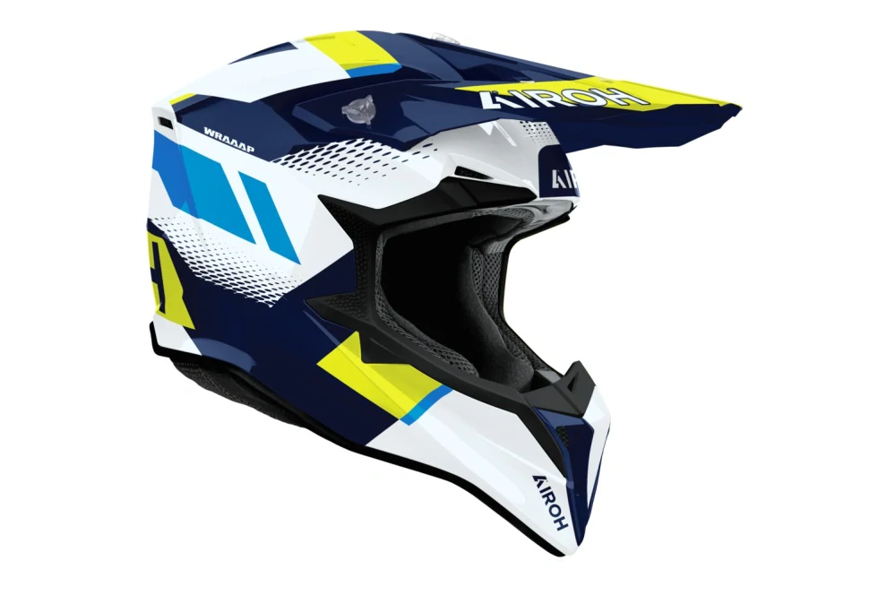 Motokrosová přilba AIROH WRAAAP VISION barva bílá/žlutá fluo/modrá lesklá