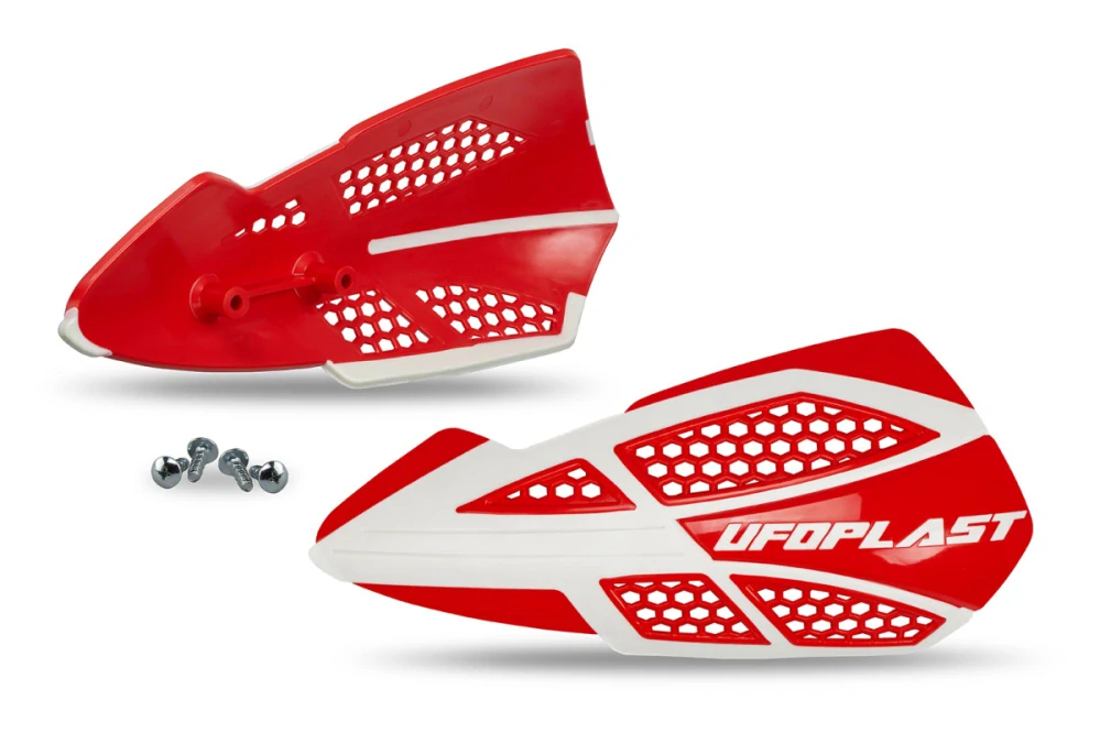 Odolné kryty páček motocyklu / chrániče rukou UFO VOYAGER HANDGUARDS barva bílá-červená pár / bez montážní sady