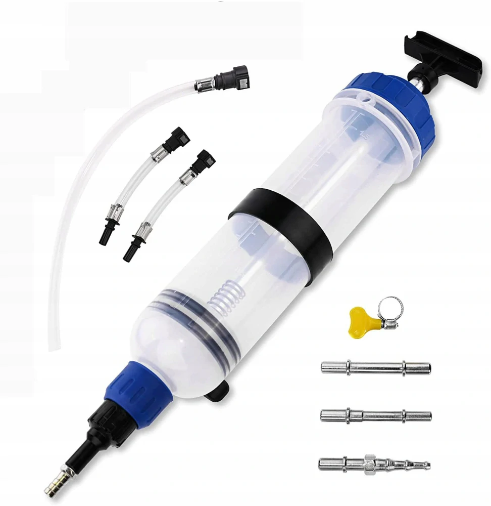 Odsávačka  pro odsávání a plnění nafty a dalších provozních kapalin s koncovkami pro připojení nádobky PSA Eolys, Adblue, Satacen,  objem 1,5 litru - průhledná 