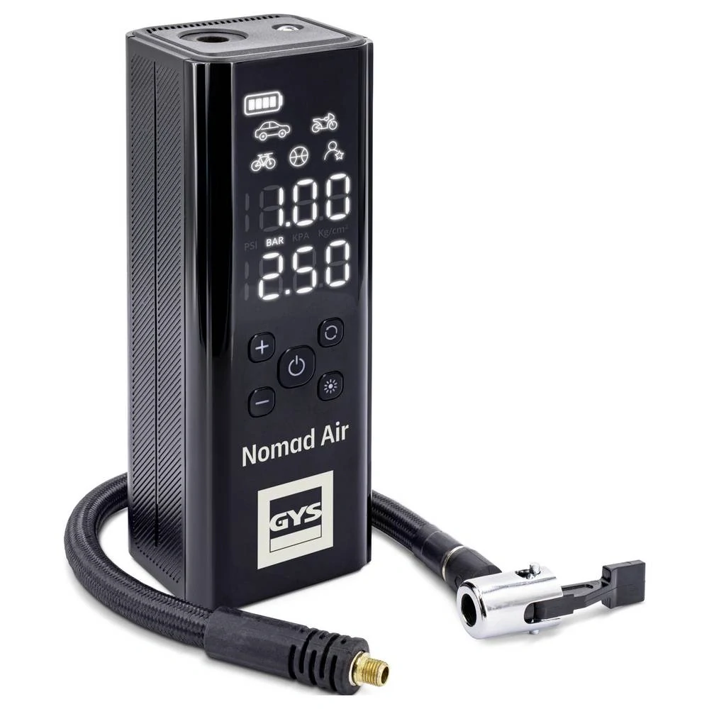 Kompaktní akumulátorový kompresor s powerbankou a osvětlením GYS NOMAD AIR 3v1 pro rychlé a přesné huštění až do 10 bar / 150 PSI