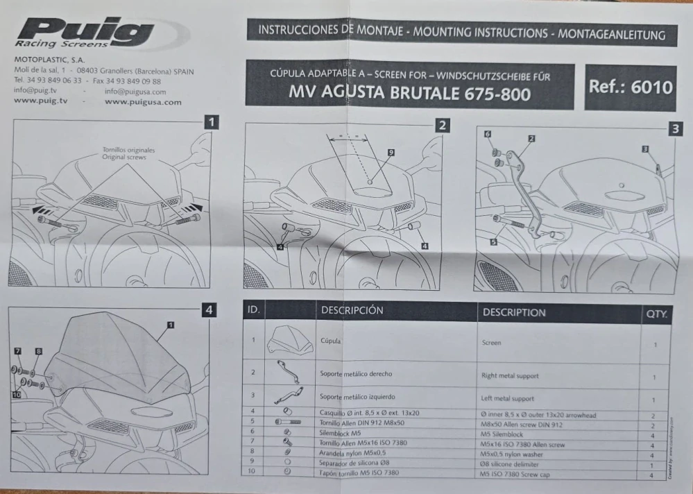 A Motocyklové plexi PUIG verze SPORT pro  MV AGUSTA BRUTALE 800 RR 2013-2017 BARVA PLEXI H - KOUŘOVÉ rozměry plexi výška 31 cm x šíře 38 cm