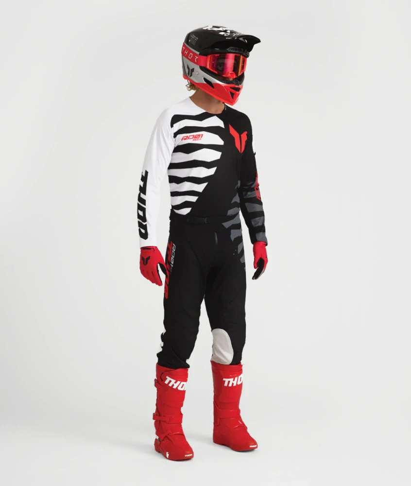 a Motokrosový / enduro komplet kalhot a dresu THOR LAUNCHMODE SHREDDER barva černá/šedá/bílá/červená velikost 38+XL