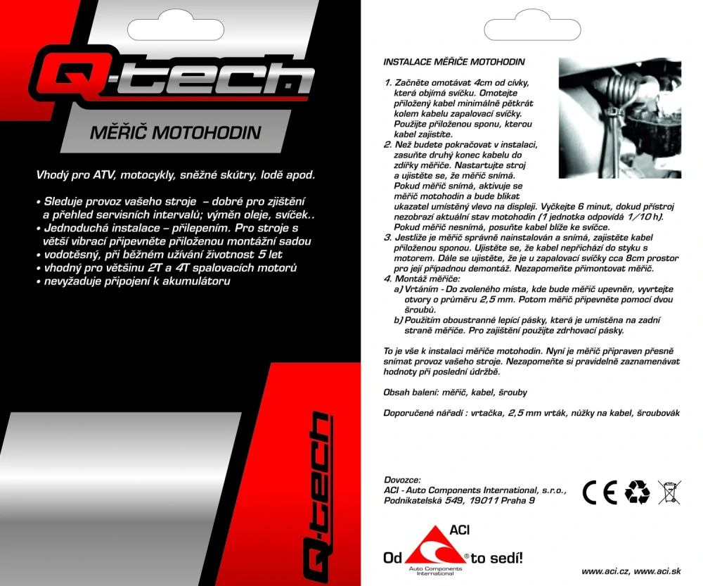 Měřič motohodin QTECH barva černá, vhodný pro čtyřkolky, motocykly, sněžné skútry, lodě 
