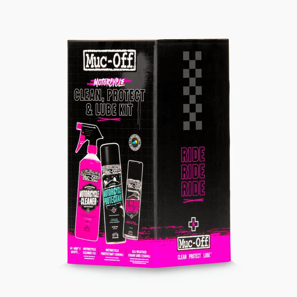 a Dárková sada péče o motocykl MUC OFF MOTORCYCLE CLEAN, PROTECT, LUBE KIT 21382 (mytí/ochranný sprej/mazivo na řetěz)