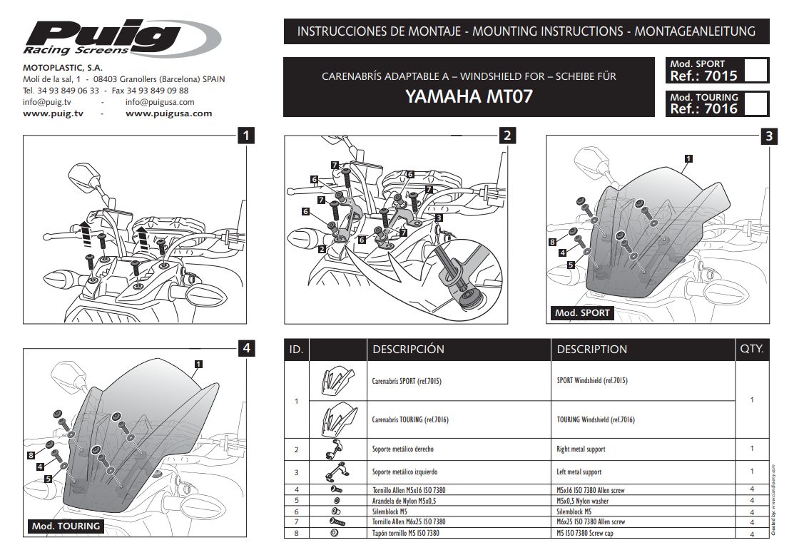 Plexi Puig sport pro Yamaha MT-07 14-17 MODRÉ 