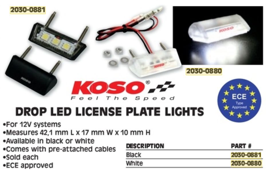 Led osvětlení SPZ motocyklu KOSO LICENSE PLATE LIGHT LED ECE APPROVED HD006K00 barva černá, rozměry délka 42,1 mm x šířka 17 mm x výška 10 mm