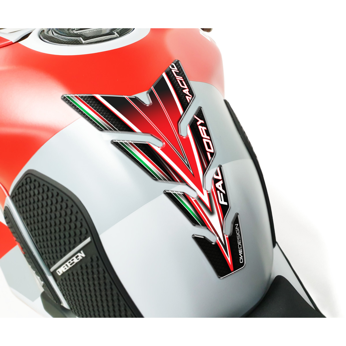Samolepka - tank pad na nádrž motocyklu ONEDESIGN TANKPAD FACTORY RACING ČERVENÝ rozměr 134mm x 223mm