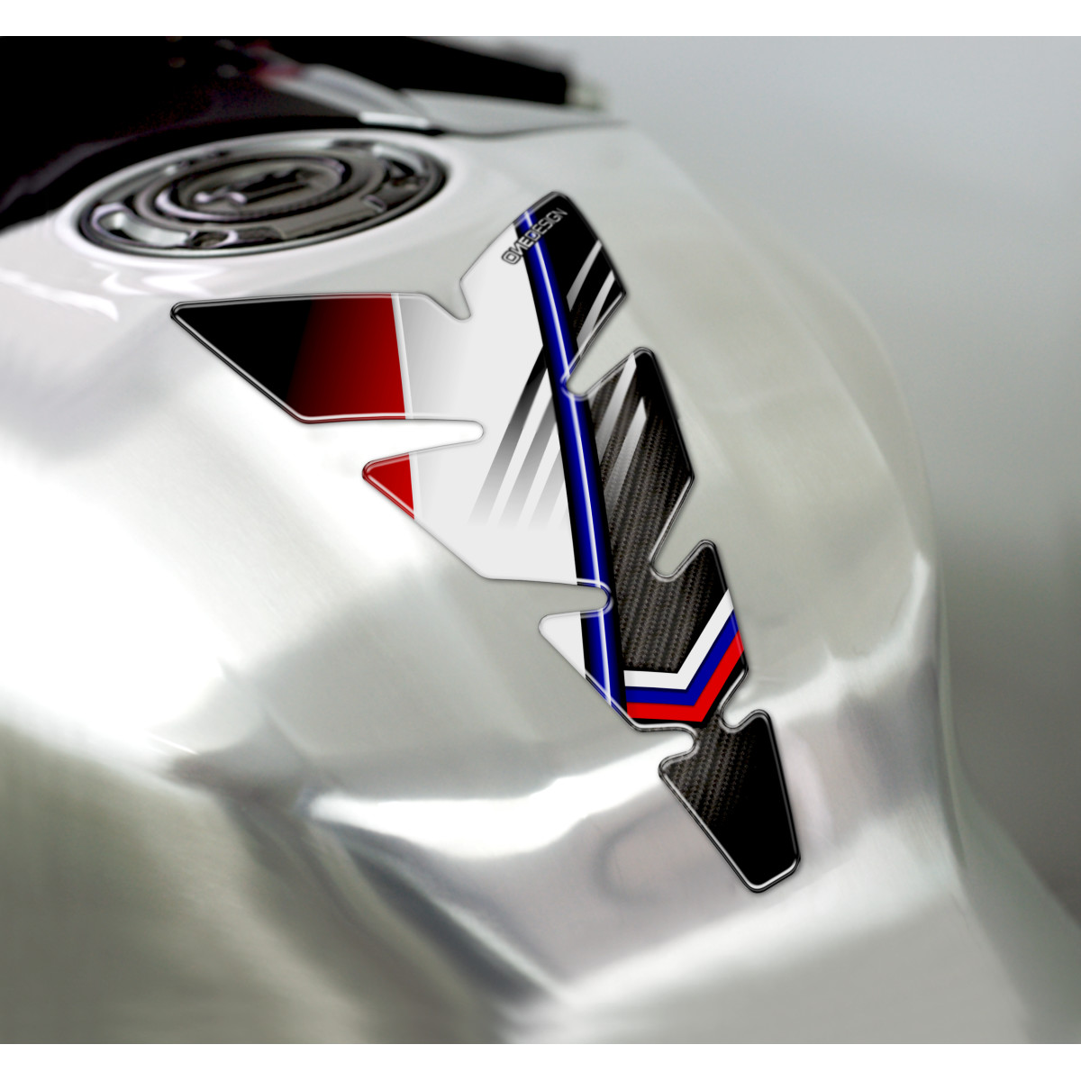 Samolepka - tank pad na nádrž motocyklu ONEDESIGN TANKPAD MOON ČERVENÁ/BÍLÁ/MODRÁ rozměr 134mm x 223mm