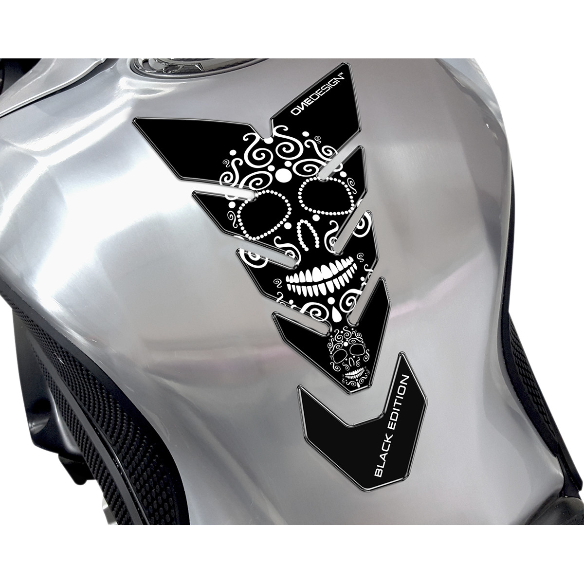 Samolepka - tank pad na nádrž motocyklu ONEDESIGN TANKPAD BLACK EDITION SKULL ČERNÁ/BÍLÁ
