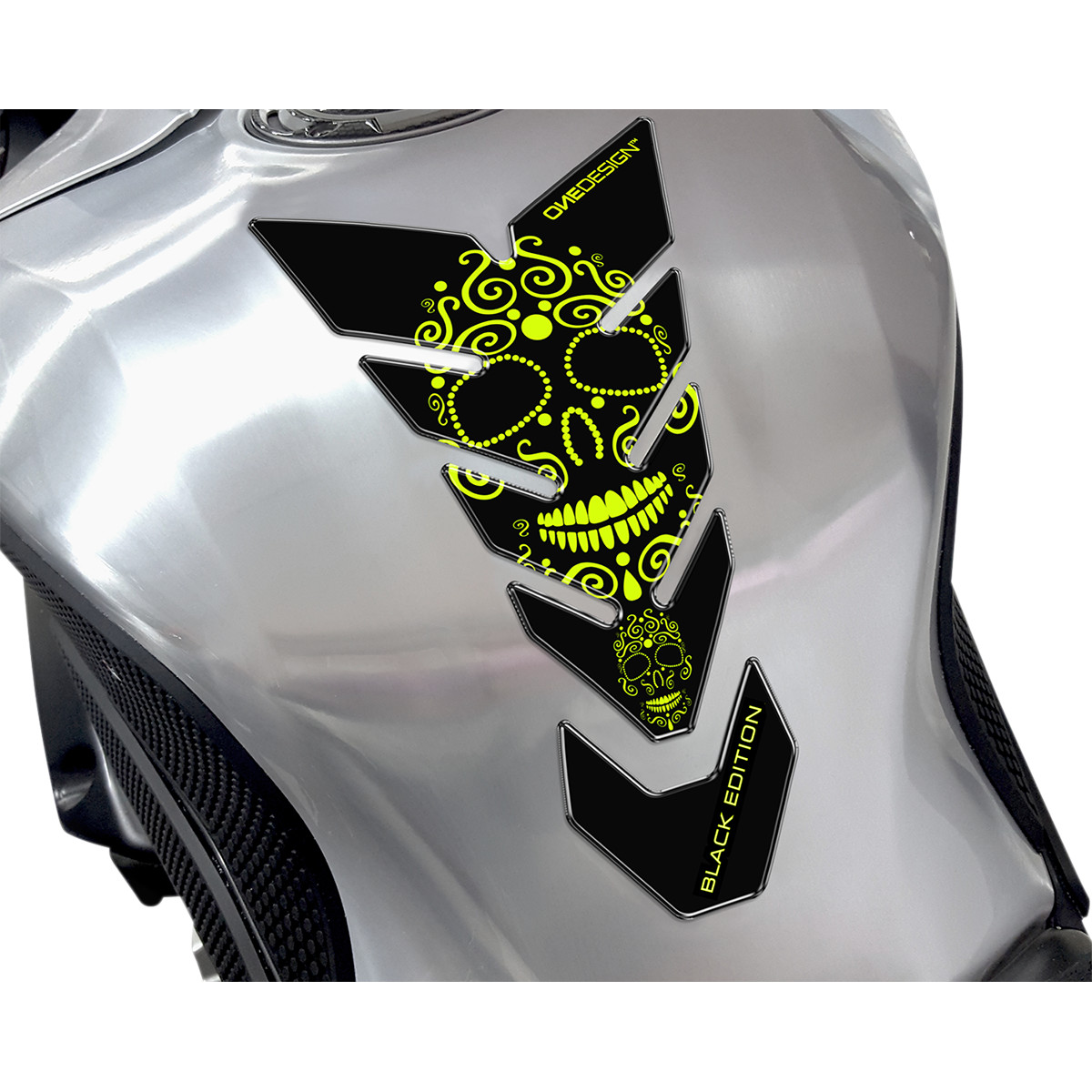 Samolepka - tank pad na nádrž motocyklu ONEDESIGN TANKPAD BLACK EDITION SKULL ČERNÁ/ŽLUTÁ