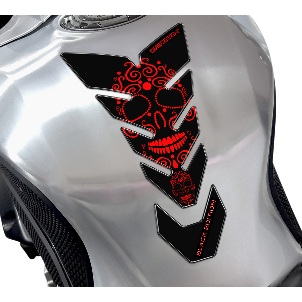 Samolepka - tank pad na nádrž motocyklu ONEDESIGN TANKPAD BLACK EDITION SKULL ČERNÁ/ČERVENÁ FLUO