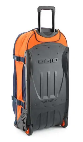 Velká textilní cestovní motokrosová taška na kolečkách s teleskopickou rukojetí KTM REPLICA TEAM TRAVEL BAG 9800 PRO barva modrá/oranžová, objem 122 litrů