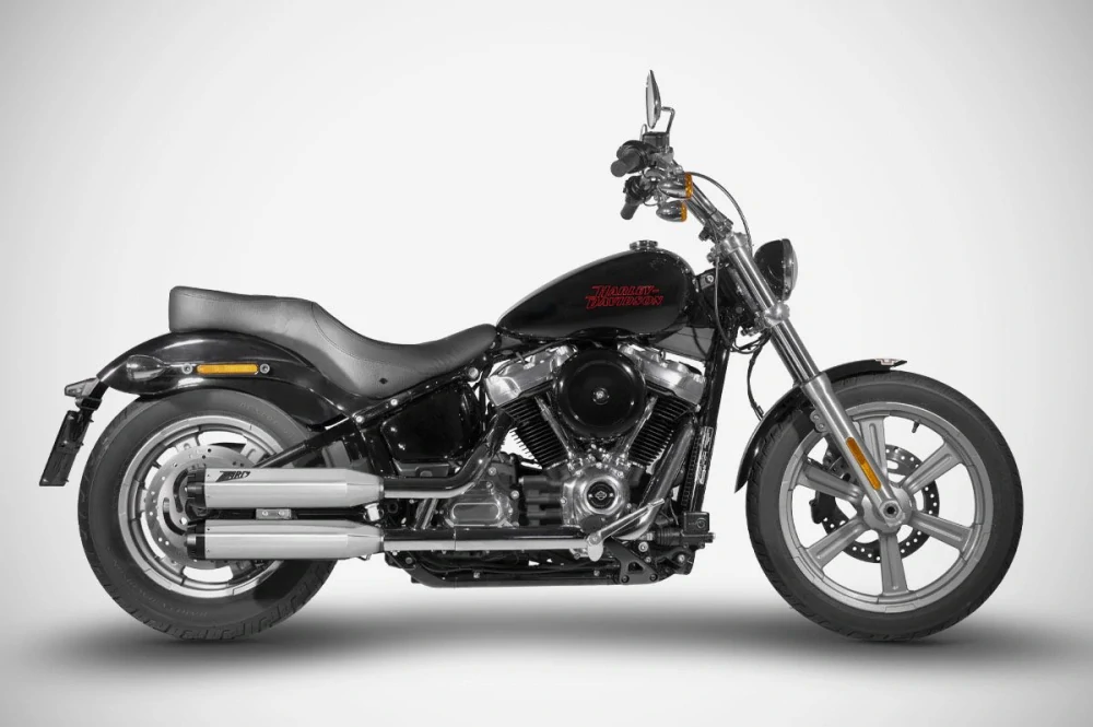 Homologované koncovky výfuku motocyklu ZARD SLIP ON MUFFLERS HOMOLOGACE E4/E5 pro motocykl HARLEY DAVIDSON LOW RIDER ST / S rok 2017-2024 , barva natural / černé zakončení 