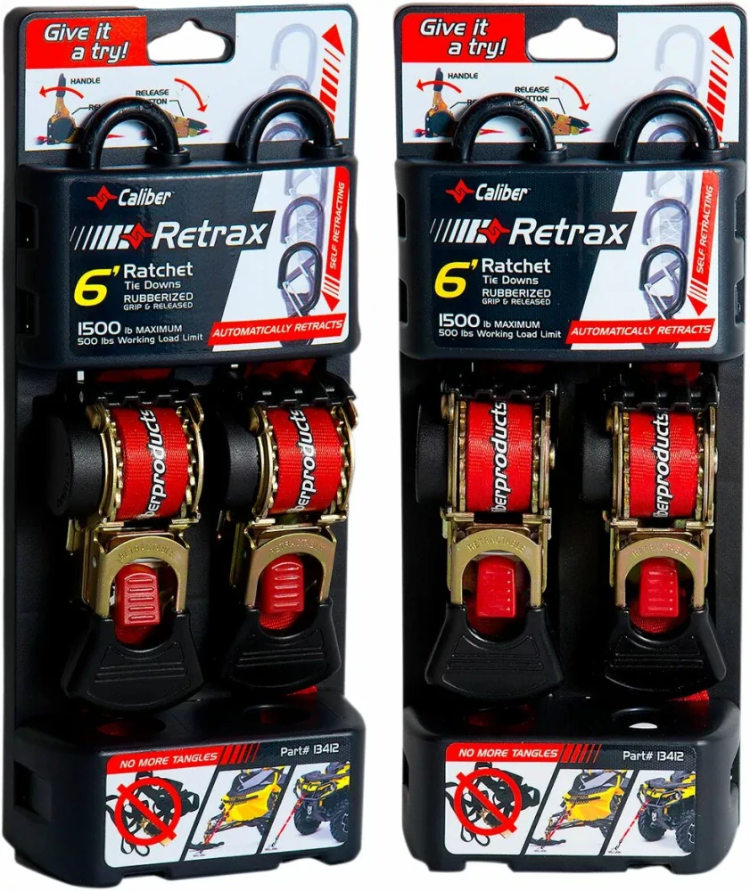 Upínací kurty s háky a ráčnou - přepravní popruhy CALIBER TIE DOWN RETRAY STRAPS délka 183 cm, šíře 5,08 cm, barva červená, pár