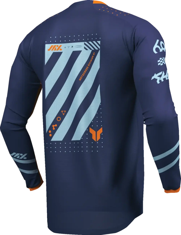 Dětský sportovní motokrosový komplet kalhot a dresu THOR LAUNCHMODE RACEWEAR FUTURA barva navy modrá/oranžová