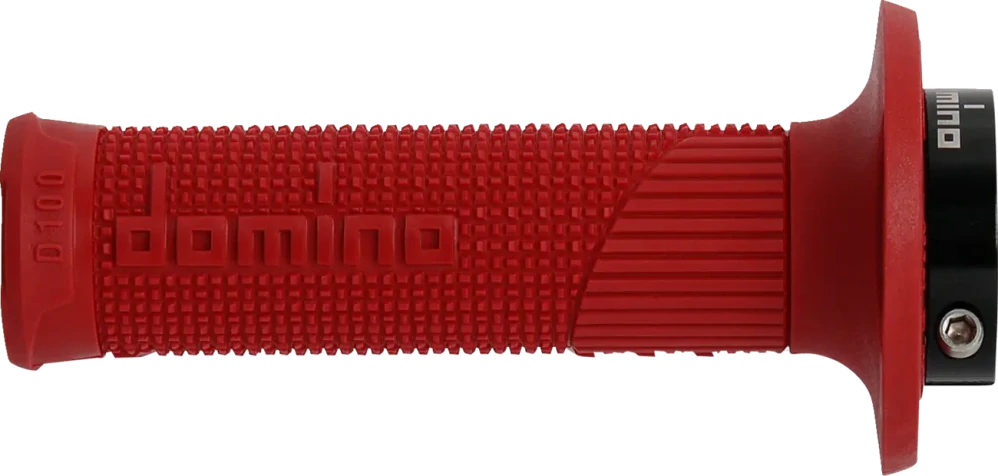 Motokrosové gripy s pevným plastem plynu DOMINO D100 SYSTÉM LOCK ON/D LOCK uzavřené konce gripů, barva červená, pár