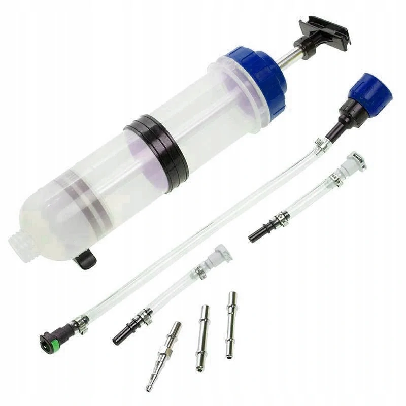 Odsávačka  pro odsávání a plnění nafty a dalších provozních kapalin s koncovkami pro připojení nádobky PSA Eolys, Adblue, Satacen,  objem 1,5 litru - průhledná 