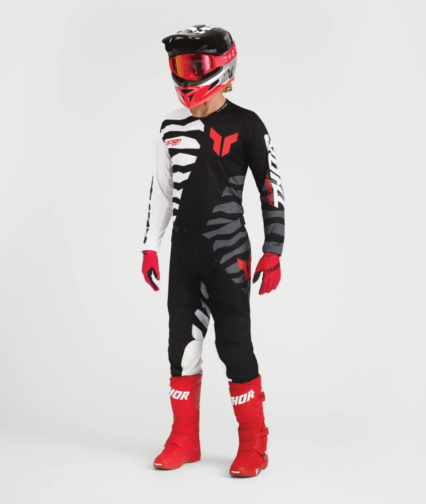 a Motokrosový / enduro komplet kalhot a dresu THOR LAUNCHMODE SHREDDER barva černá/šedá/bílá/červená velikost 38+XL