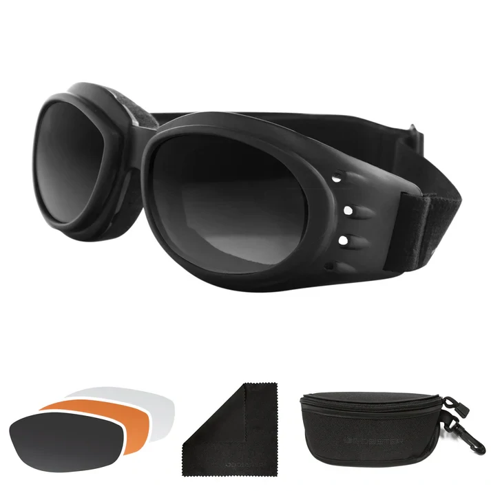 Sluneční motocyklové brýle BOBSTER CRUISER 2 / CRUISER II s gumovým popruhem a vyměnitelnými čočkami - čiré, kouřové, amber 