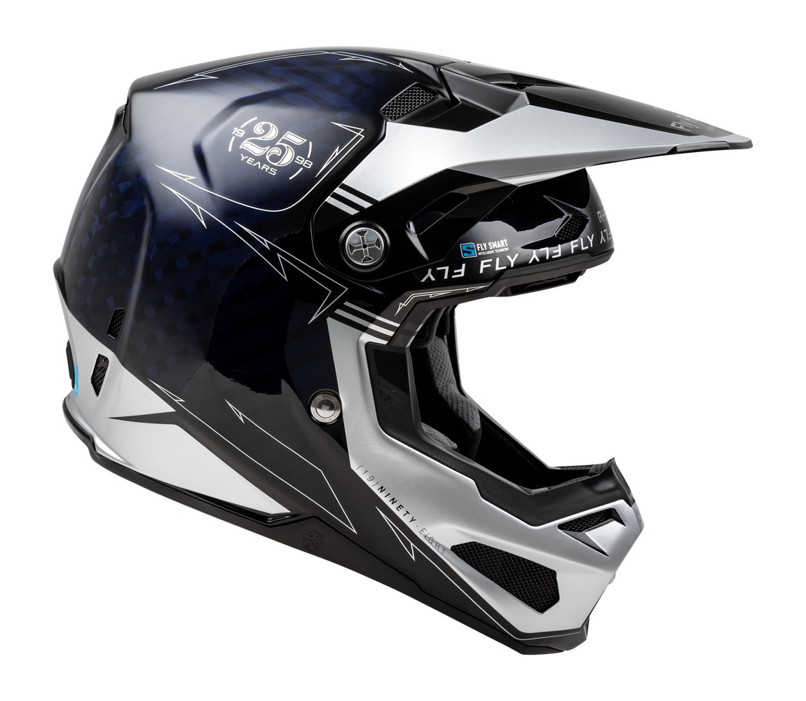 Nejvyšší model motokrosové přilby FLY RACING FORMULA S CARBON modrá/stříbrná, skořepina z uhlíkových vláken 12K velikost XXL
