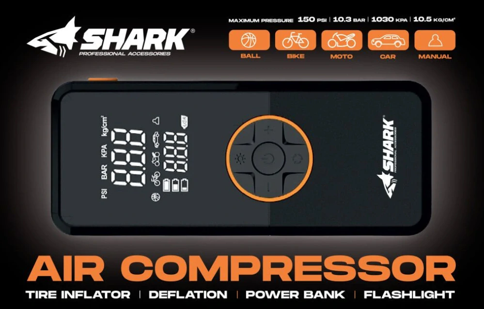 Kompaktní akumulátorový kompresor s powerbankou a svítilnou SHARK Battery Air Compressor BP-150