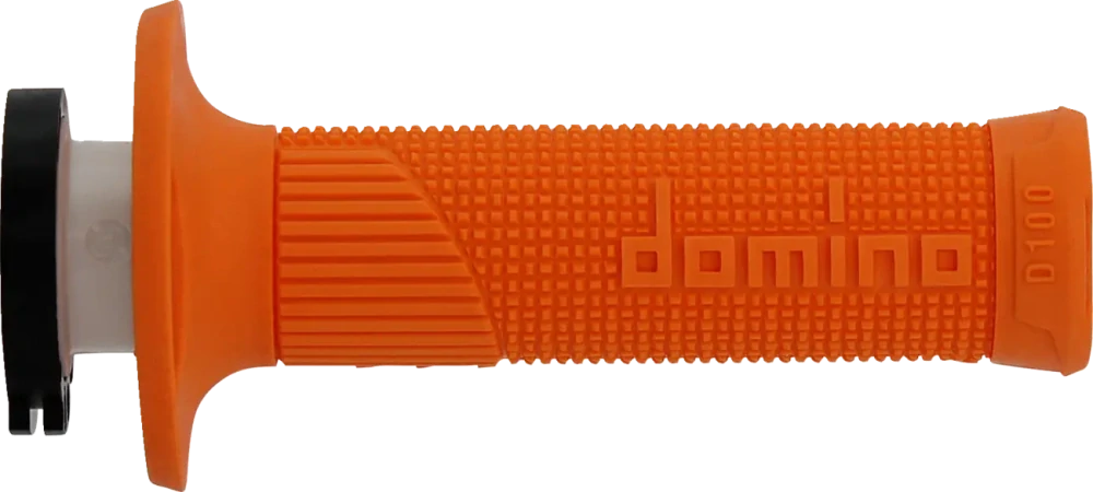 Motokrosové gripy s pevným plastem plynu DOMINO D100 SYSTÉM LOCK ON/D LOCK uzavřené konce gripů, barva oranžová, pár