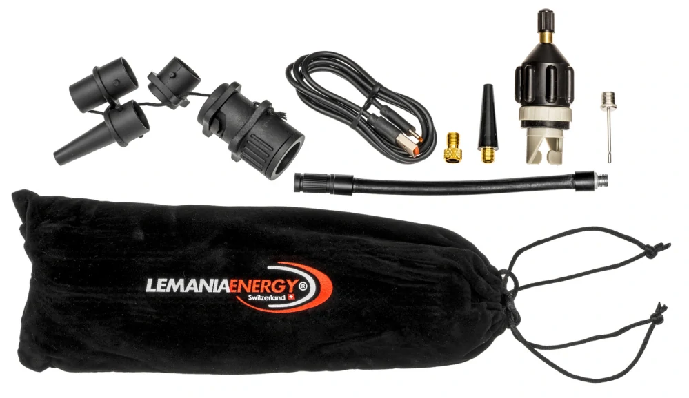 Kompaktní akumulátorový kompresor AIR-BAT 9 LEMANIA ENERGY maximální tlak 10,3 bar (150 PSI), vestavěnéLED osvětlení