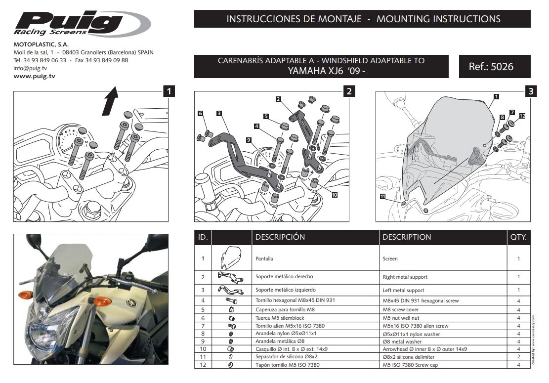 Plexi PUIG SPORT Yamaha XJ6 2009-2016