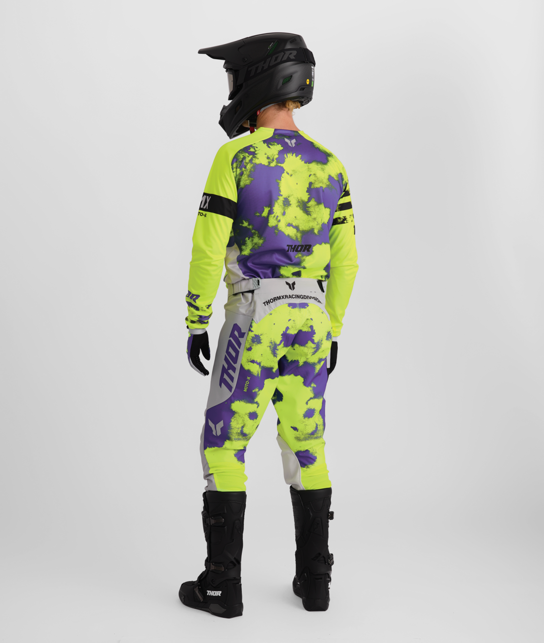 Motokrosový / enduro komplet kalhot a dresu THOR LAUNCHMODE BLEACH barva šedá/acid/fialová