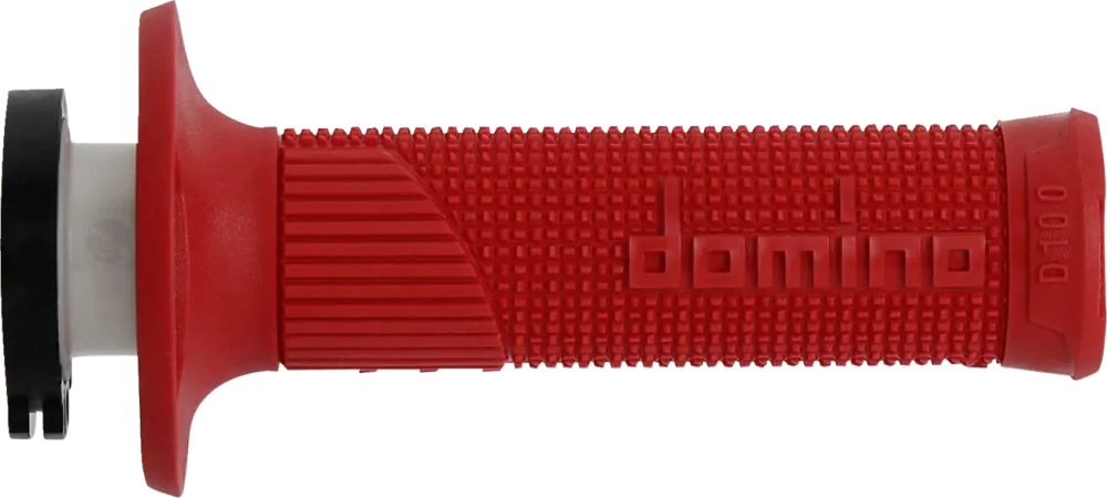 Motokrosové gripy s pevným plastem plynu DOMINO D100 SYSTÉM LOCK ON/D LOCK uzavřené konce gripů, barva červená, pár