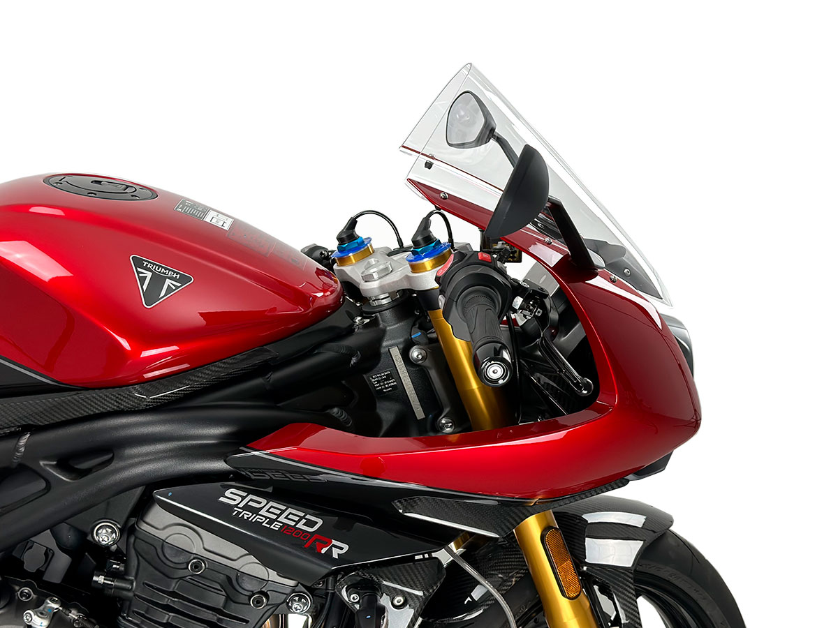 Plexi motocyklu WRS verze SPORT pro motocykly TRIUMPH SPEED TRIPLE 1200 RR ABS rok 2022-2023, výška 39 cm, šíře 26 cm, barva čirá 