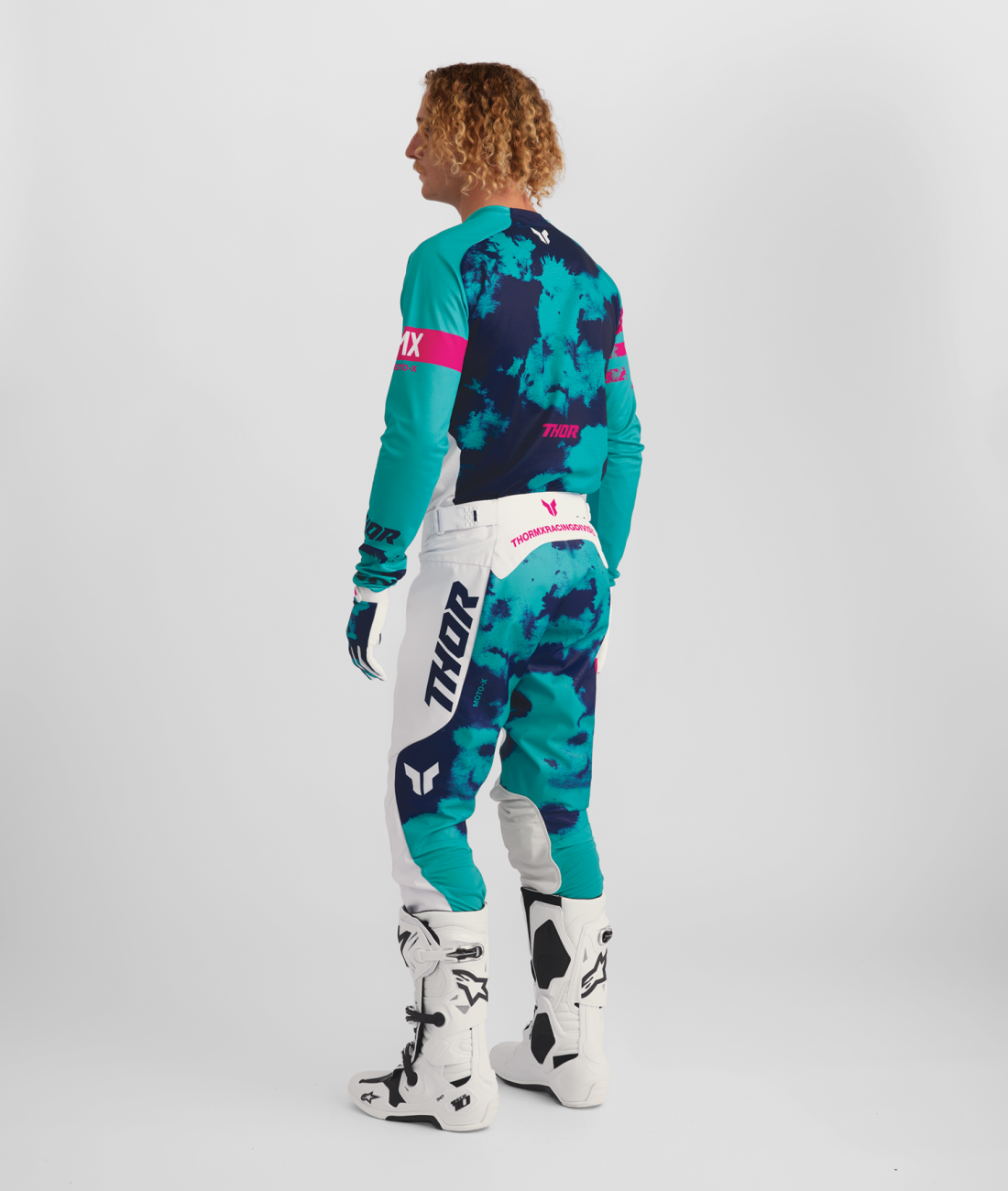 Motokrosový / enduro komplet kalhot a dresu THOR LAUNCHMODE BLEACH barva bílá/aqua